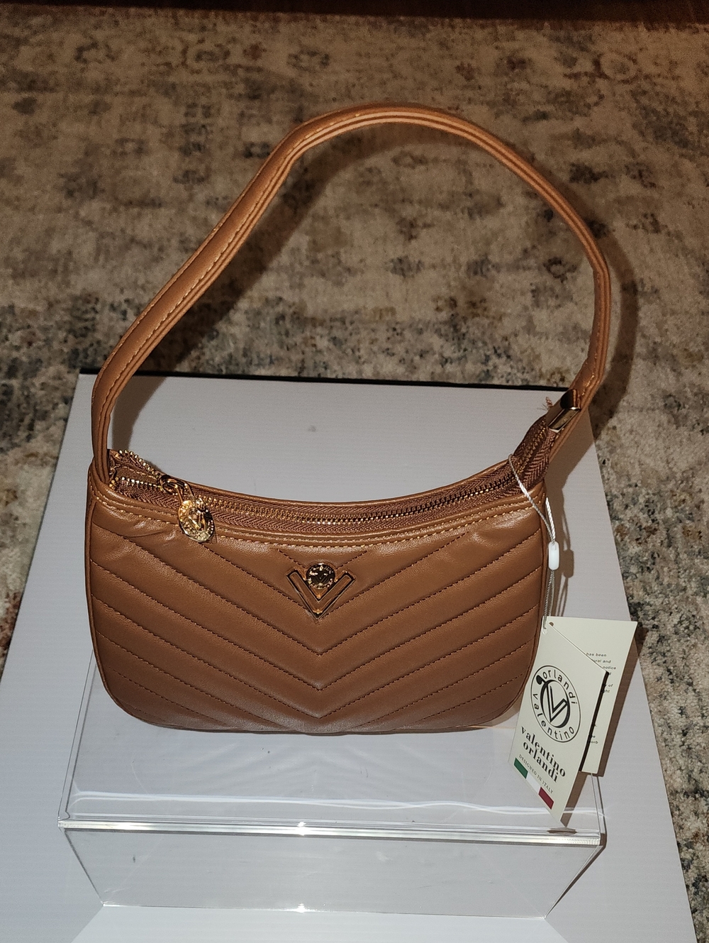 Valentino Orlandi Tan Quilted Shoulder Bag with Gold Hardware. Caramel NWT 9ร7ร2